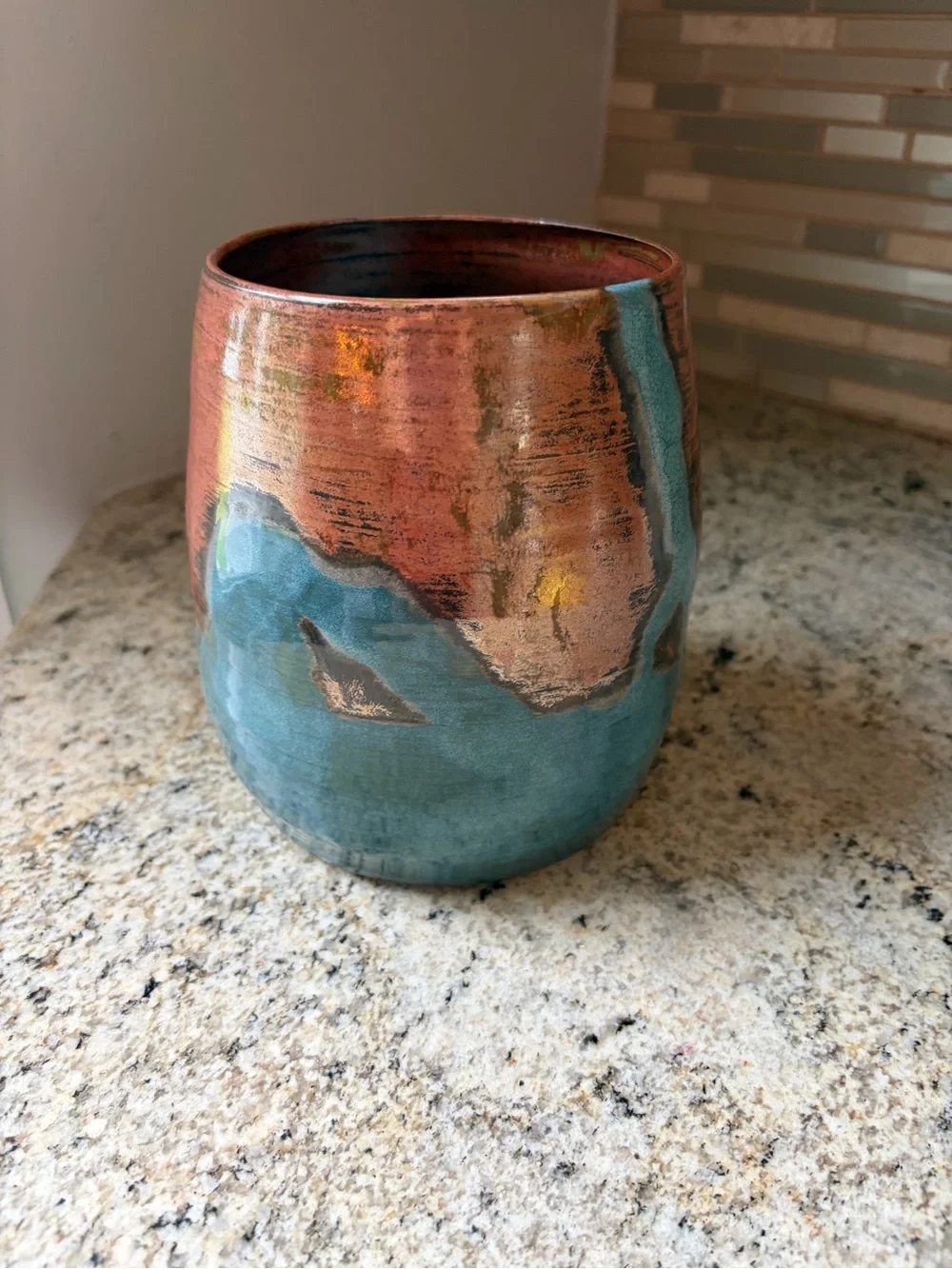 Studio Art VAMP Pottery Earthware Vase  Utensil Holder copper turquoise
